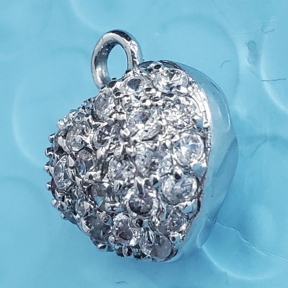 Heart Pendant Silvertone Crystal Rhinestones Paved - Picture 6 of 7